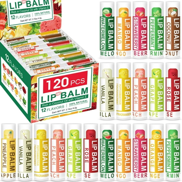 DMSKY Lot de 120 Baumes à Lèvres, Baumes à Lèvres Naturels en Vrac avec Vitamine E et Huile de Coco, Baume à Lèvres Hydratant pour Lèvres Sèches et Gercées, Baume à Lèvres pour Petits Cadeaux de Bas de Noël - 12 Saveurs