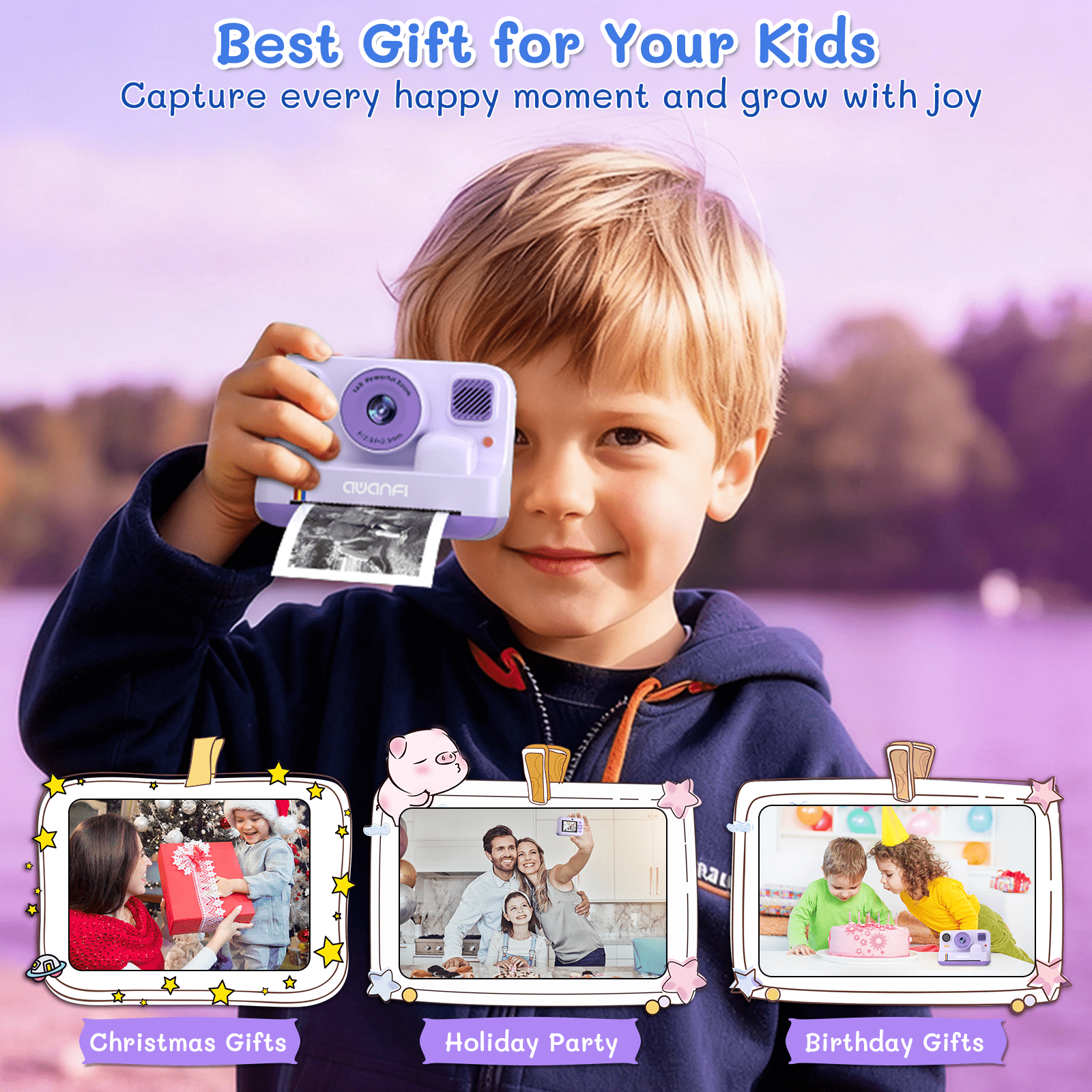 AWANFI Instant Print Camera for Kids, with Printing Paper 2.4" HD 1080P Digital Video Instant Camera for Boys & Girls Age 3-12 Birthday Gifts - Purple