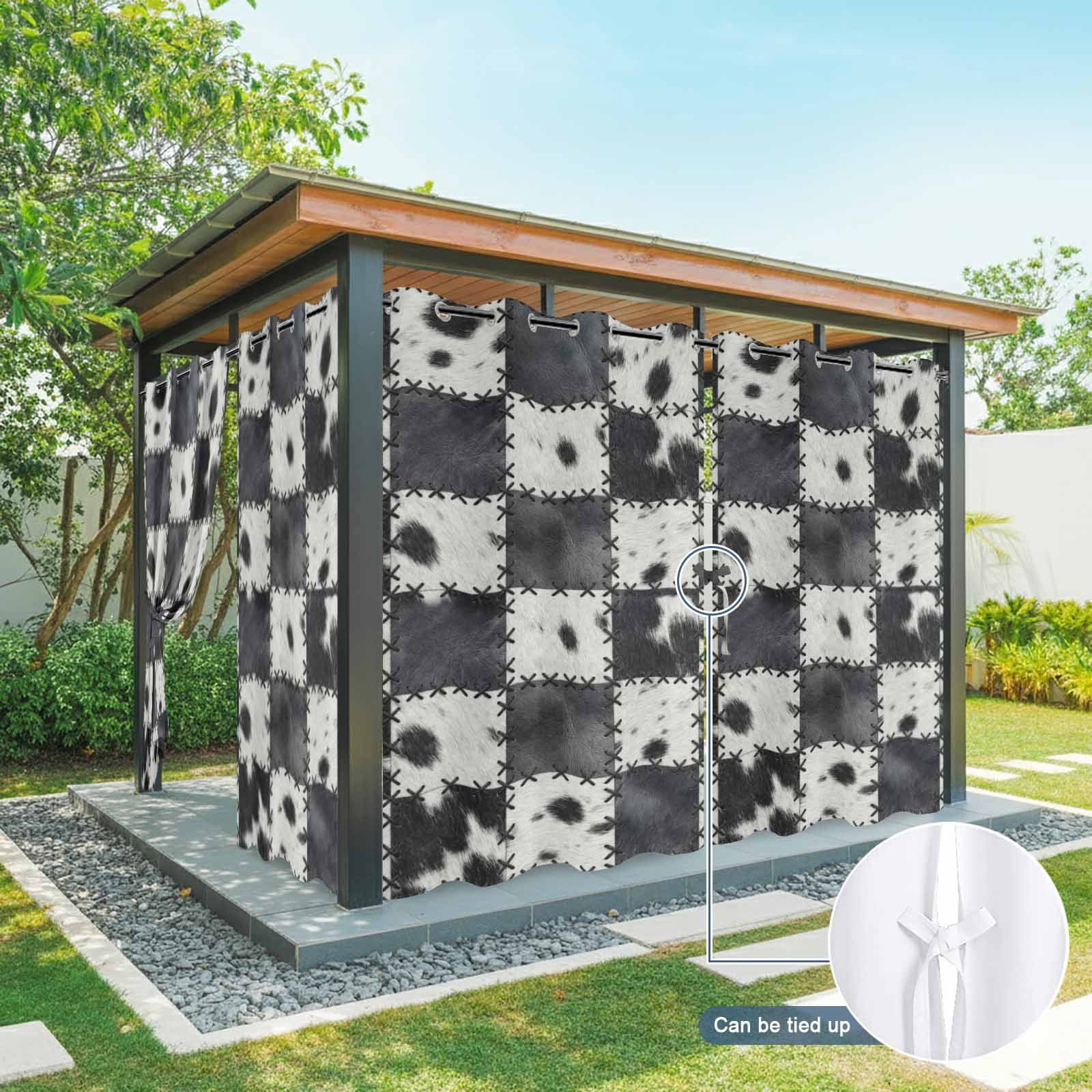 Abstract Cowhide Patchwork Outdoor Curtains for Patio, Country Farm Black White Plaid Sunshade Privacy Drapes Grommet Waterproof Outside Curtains for Porch/Cabana/Balcony 54"x 108", 1 Panel