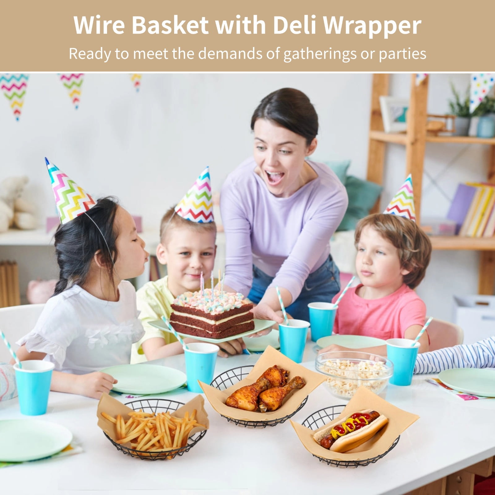 12 Pack Food Serving Wire Baskets,with 50 Deli Papers & Oil-Absorbent Liners,Commercial Snack or Bread Baskets for Restaurants,Catering,Parties