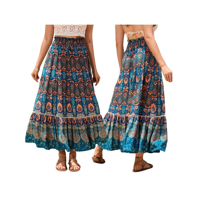 SUNSIOM Women's Long Swing Skirt Boho Style Fashion Print Elastic Waist A-Line Ruffle Skirt for Party Club