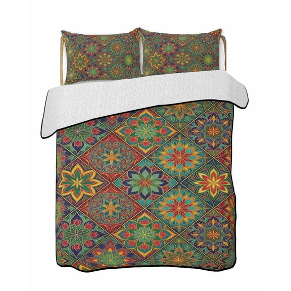 Twin Quilt Bedding Set, Retro Boho Reversible Summer Quilt 3 Pieces, Green Blue Red Ethnic Floral Geometric Abstract Lightweight Bedspreads Coverlets with 2 Pillow Shams for All Seasons