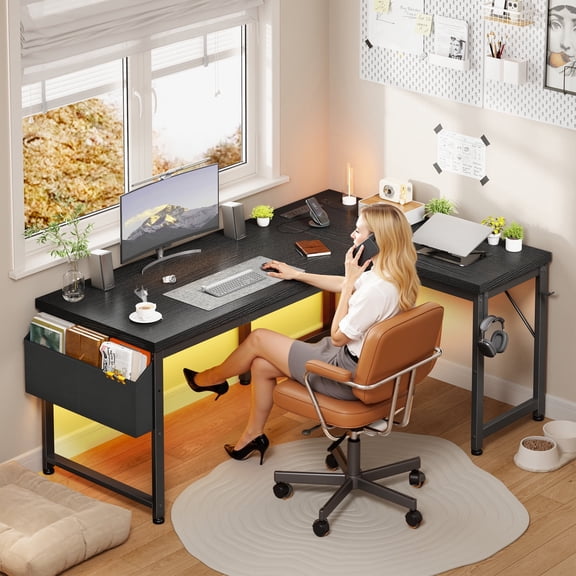 EnHomee Gaming Desk with Storage Computer Desk with LED Lights Reversible Office Desk with Storage Organizer, Black
