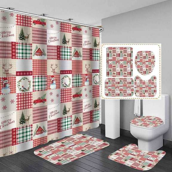 4PCS Christmas Gnomes Shower Curtain Sets with Rugs, Waterproof Fabric Grey Shower Curtain, Let It Snow Candles Xmas Gifts Snowflake Winter Holiday New Year Teen Boys Girls Kids Bathroom Decor
