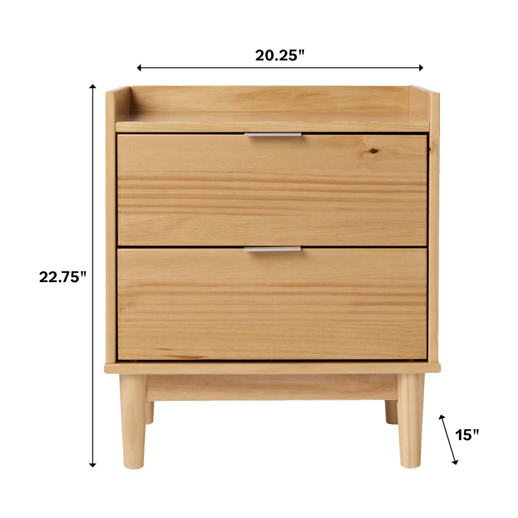 Walker Edison Mid-Century Modern Gallery-Top 2-Drawer Nightstand, 2 Pack, Natural Pine
