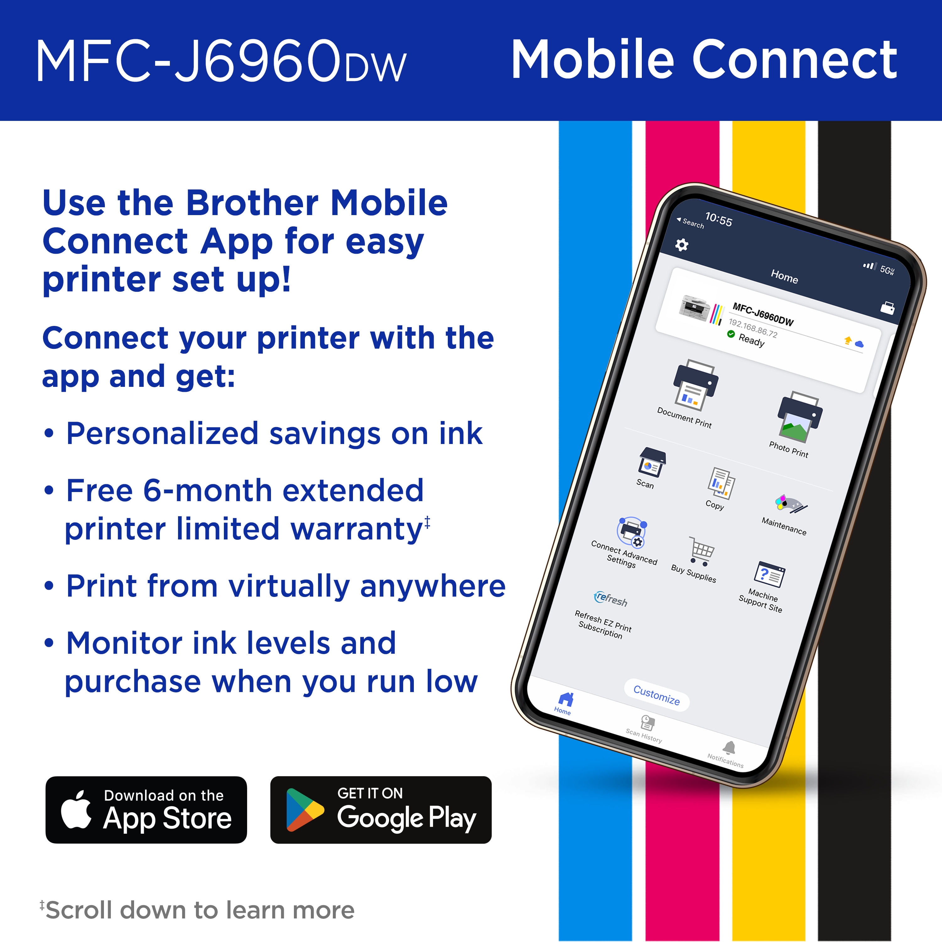 Brother INKvestment MCF-J6960DW Wireless Color Inkjet All-in-One Printer with 11”x17” capabilities and 3.5” Color Touchscreen