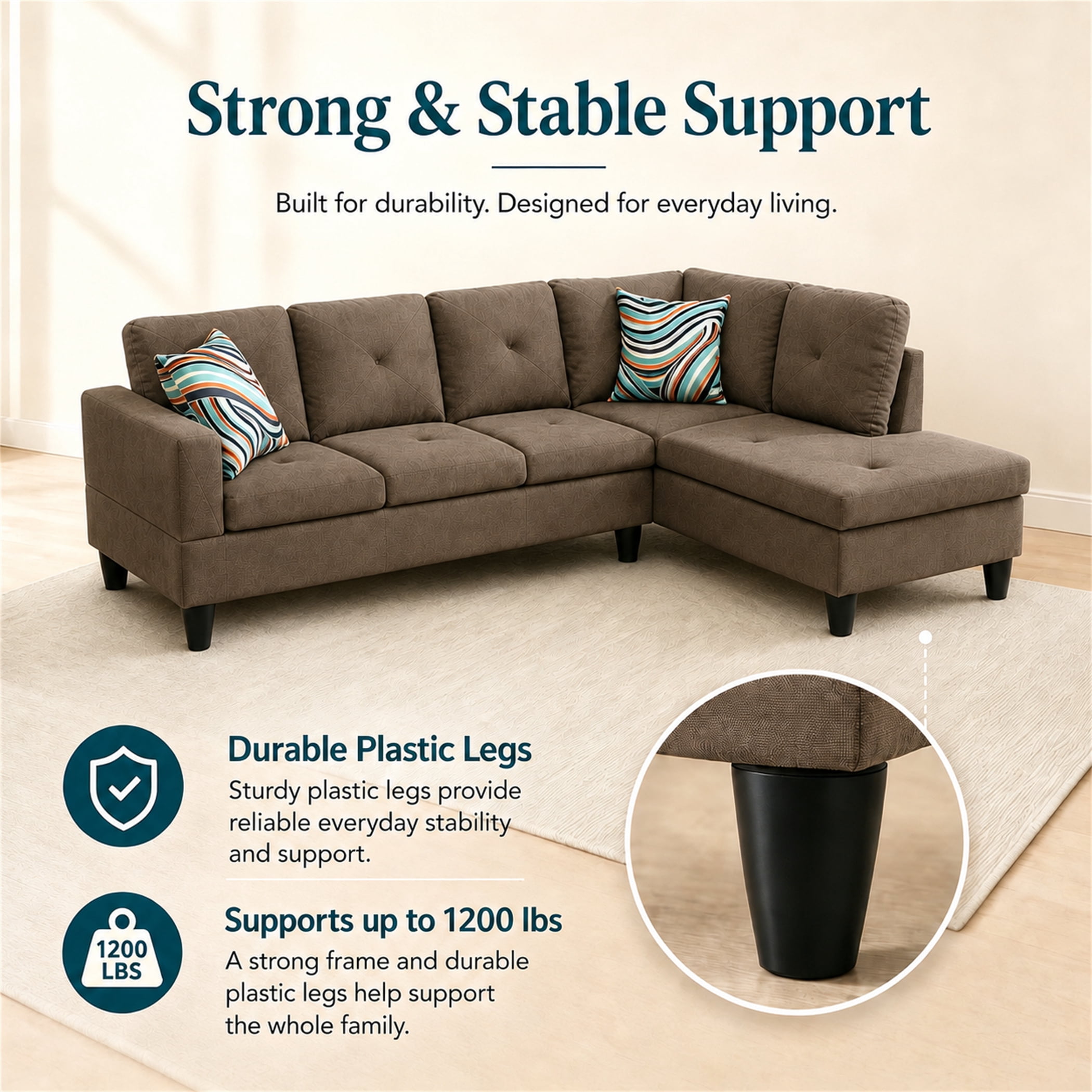 Aukfa 97" Classic Sectional Sofa 4 Seat L shape Couch for Living Room, 2Pillows, Oversized Right Chaise, Chenille, Brown