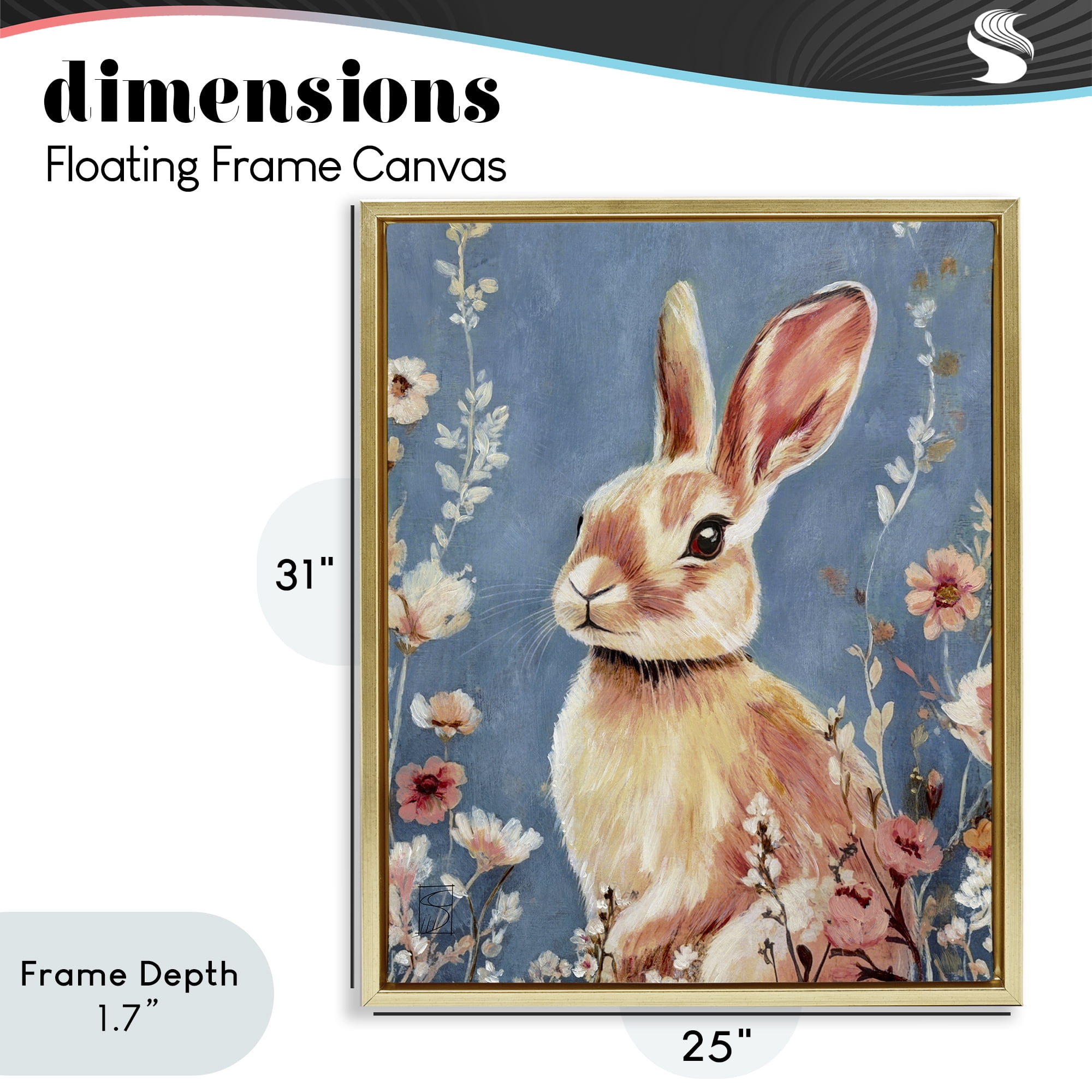 Stupell Industries Whimsical Rabbit on Blue Gold Framed Floater Canvas Wall Art, design by Sara Culpepper