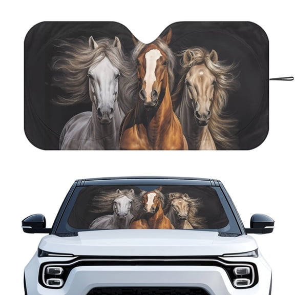 HUIACONG Three Horses Portrait Foldable Car Windshield Sun Shade for Trucks Vans Car Accessories Keeps Vehicle Cool Sun Visor Protector Sunshade