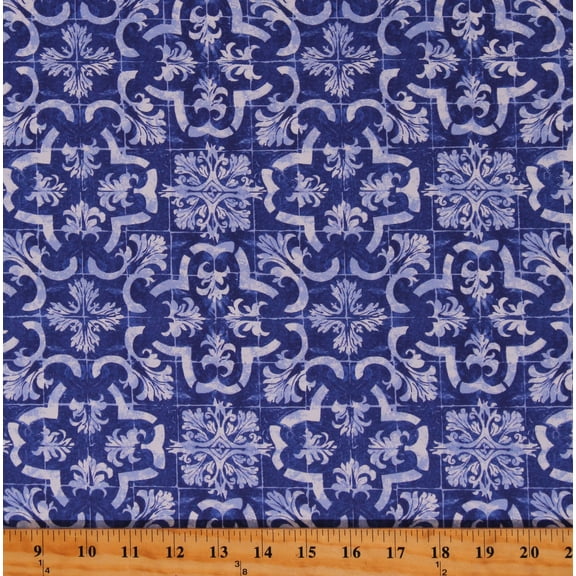 Cotton Ceramica Dutch Tiles Patterned Squares Designs Porcelain Blue Cotton Fabric Print by the Yard (A-819D-B)