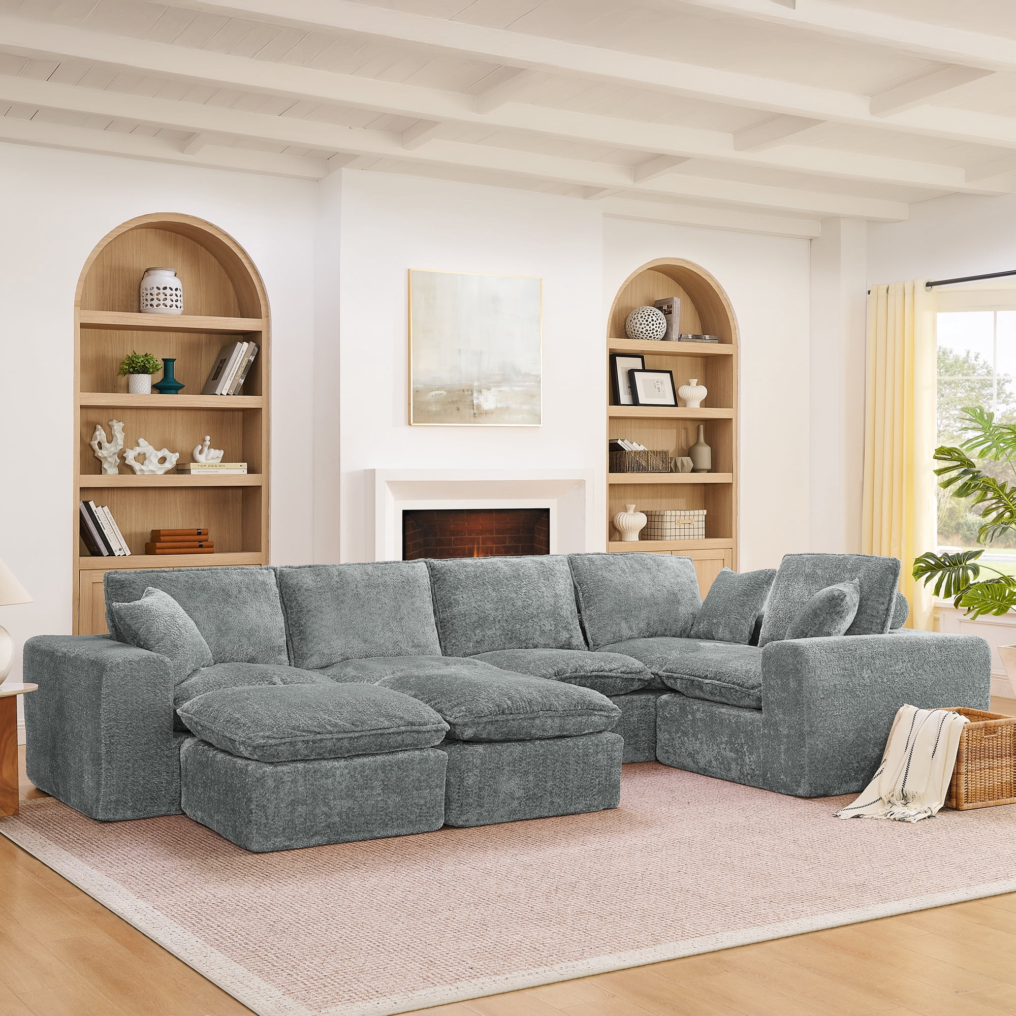 107" L Shaped Sectional Sofa 7 Seat Cloud Couch Boucle Fabric Modular Sofa with Ottoman Deep Seat Comfy Couch for Living Room, Grey