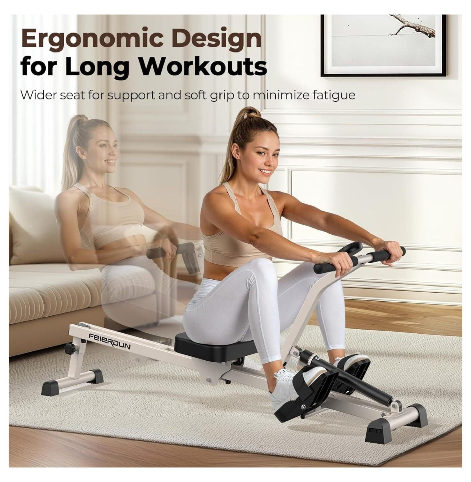 Hydraulic Rowing Machine for Home, Compact Adjustable Rower with 12 Resistance Levels, 300LBS Weight Capacity, Full Body Workout Equipment