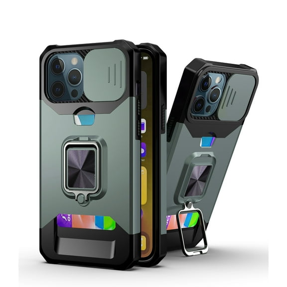 iPhone 11 Pro Case with Slide Camera Cover, Allytech Hard PC & TPU Impact Resistant Shockproof Bumper Protective Case with Ring Kickstand [1 Card Holder] Cover for iPhone 11 Pro 5.8"(2019), Darkgreen
