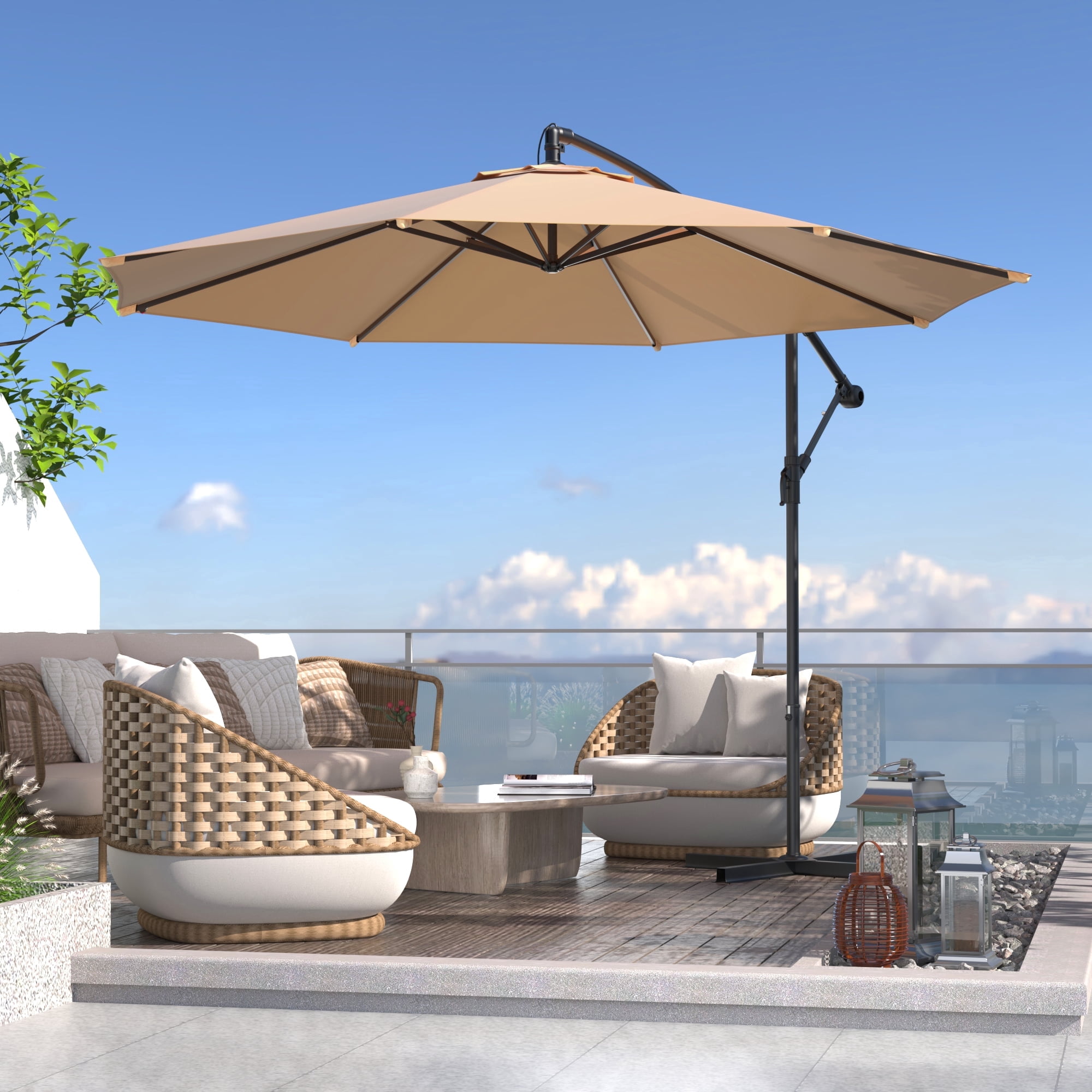 hayneedle offset patio umbrella 10 Feet Hanging with Base and Infinite Tilt-Beige Transform your outdoor living space with this 10 ft cantilever patio umbrella 9x11 ft Rectangular Aluminum Outdoor