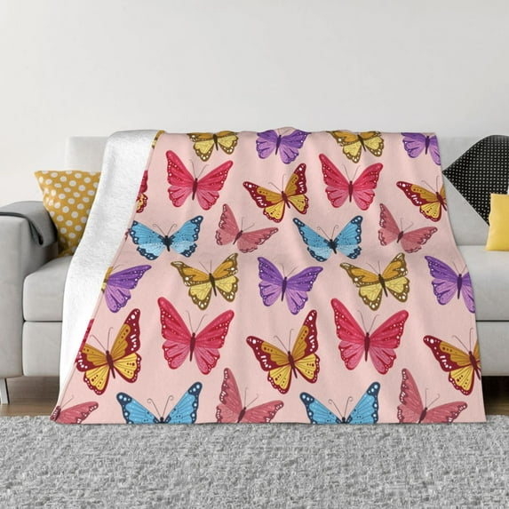 XMXT Throw Blanket, Vintage Pink Colorful Butterfly Machine Washable Blankets for Sofa, 40 x 30 inches