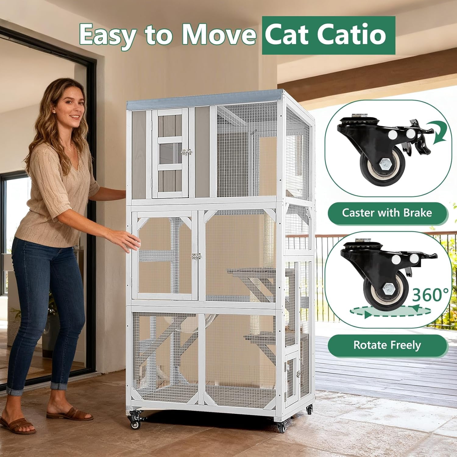 Petsblublu Outdoor Cat Enclosure with Wheels, Window Catio Large Cat House with 3 Platforms