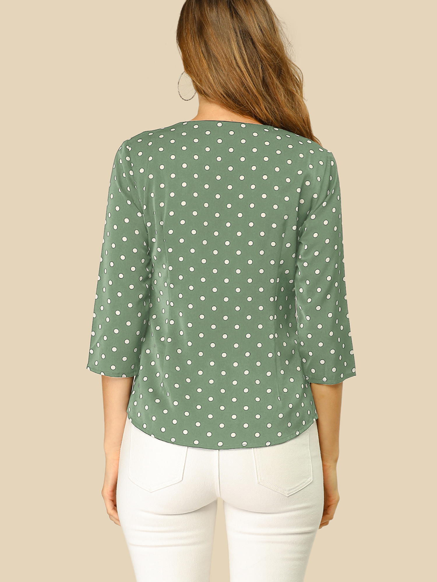 DARING DIVA Women's V Neck Polka Dots 3/4 Sleeve Casual Button Blouse 3XL Olive Green