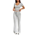 thumbnail image 2 of 2 Piece Matching Summer Sweatsuit Lounge Set Womens Wide Leg Pants Side Ruching Crop Top Sets Flower Gray S, 2 of 9