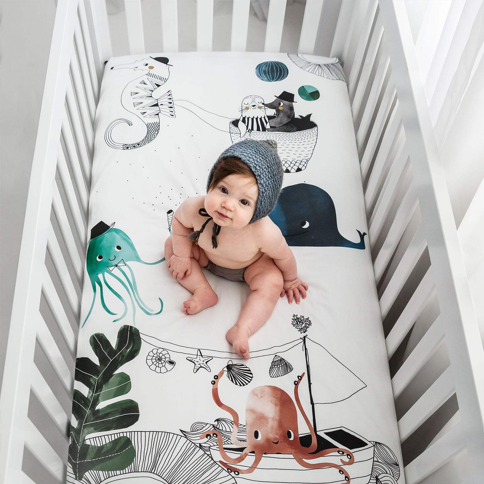 Rookie Humans 100% Cotton Sateen Fitted Crib Sheet: Underwater Love. Modern Nursery, Use as a Photo Background for Your Baby Pictures. Standard Crib Size (52 x 28 inches) Ocean Themed Baby Crib Sheet