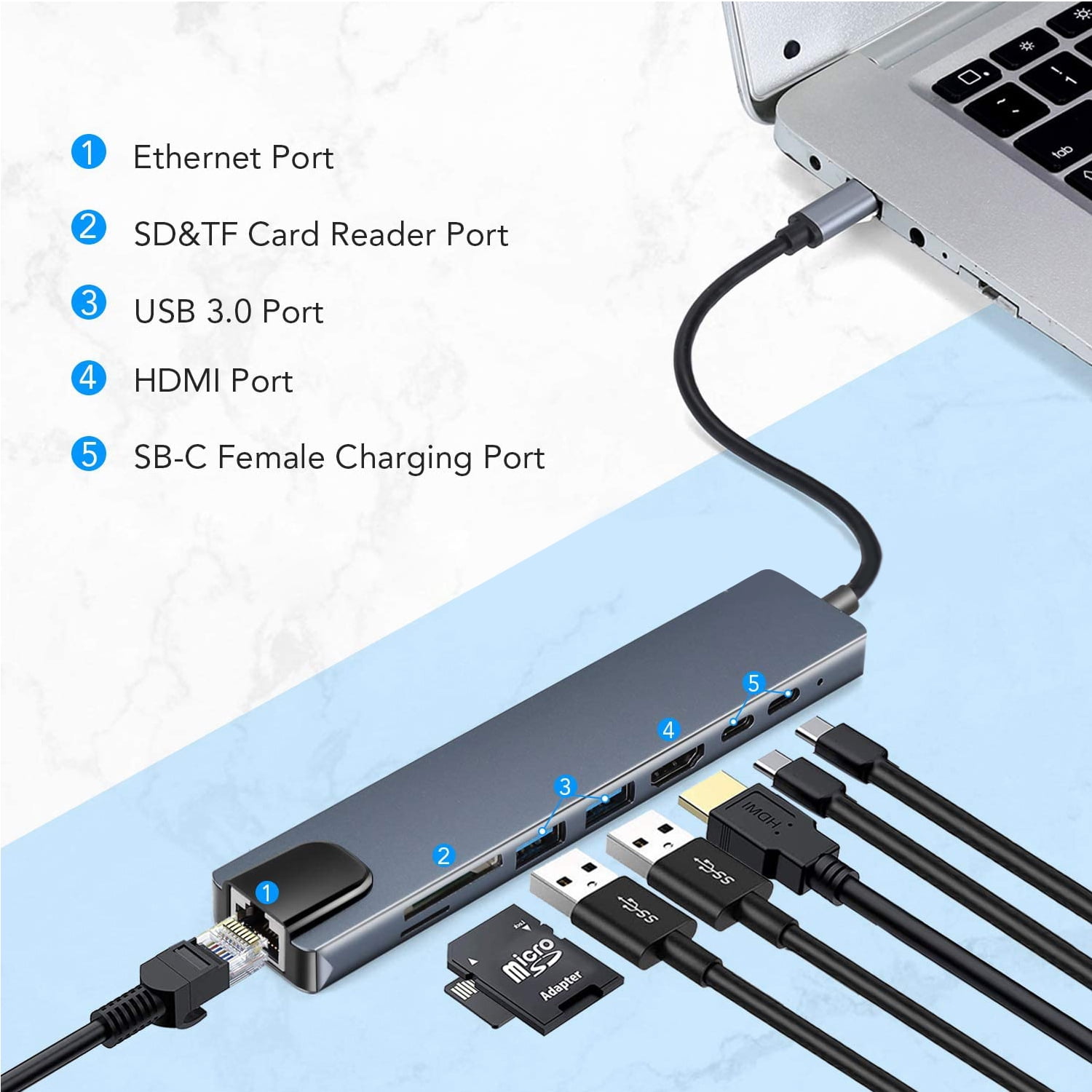USB C Hub, 8-in-1 USB C to USB Adapter, 4K HDMI Adapter Multiport Dongle, 3 USB 3.0 and SD/TF Card Slots, USB Converter Splitter Adapter Compatible with Laptop, MacBook Pro, and More Type C Devices