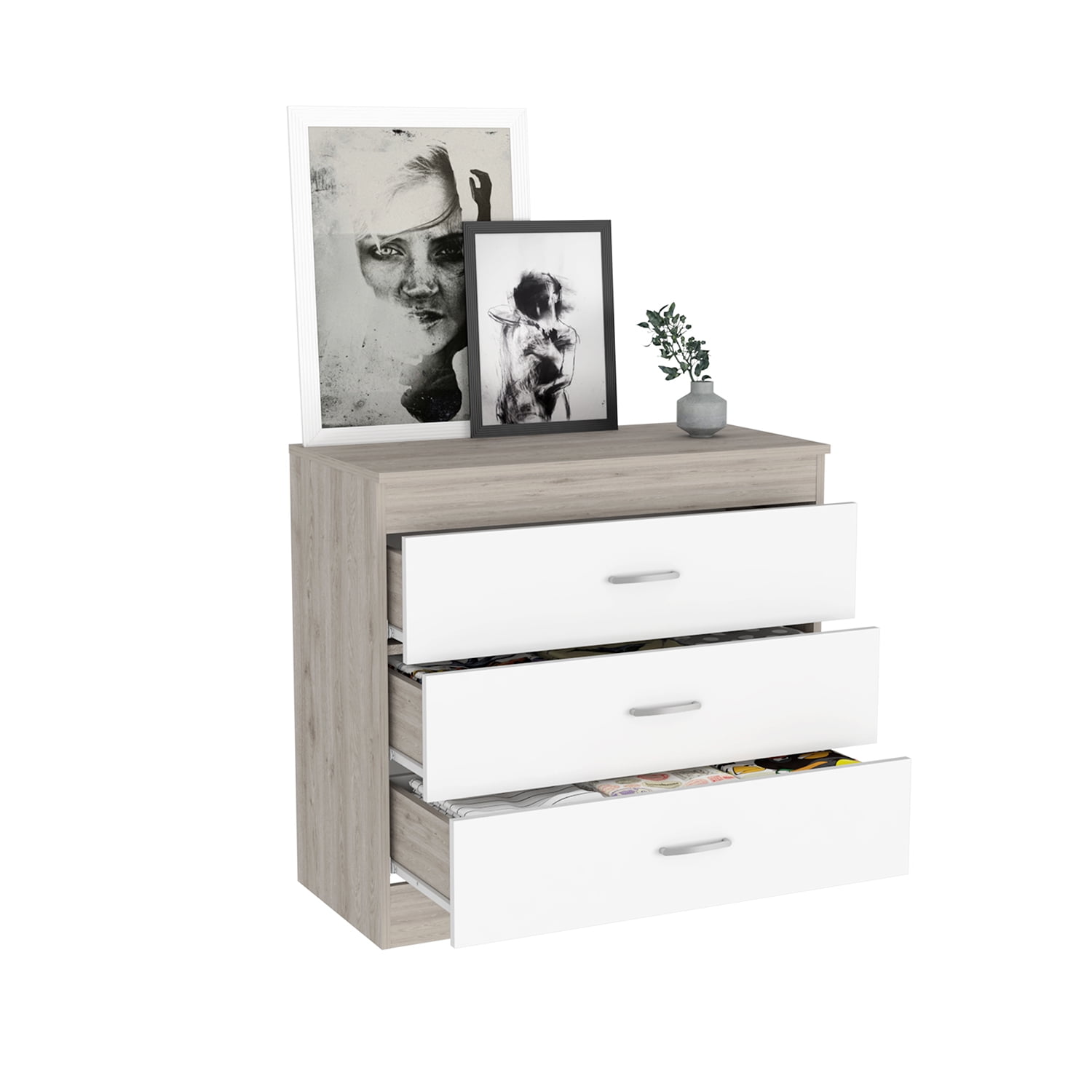 Kadyn Three Drawer Dresser, Chest of Drawers with Metal Hardware, Storage Cabinet for Bedroom, White Nightstand Kadyn Three Drawer Dresser, Chest of Drawers with Metal Hardware, Storage Cabinet for Bedroom, White Nightstand