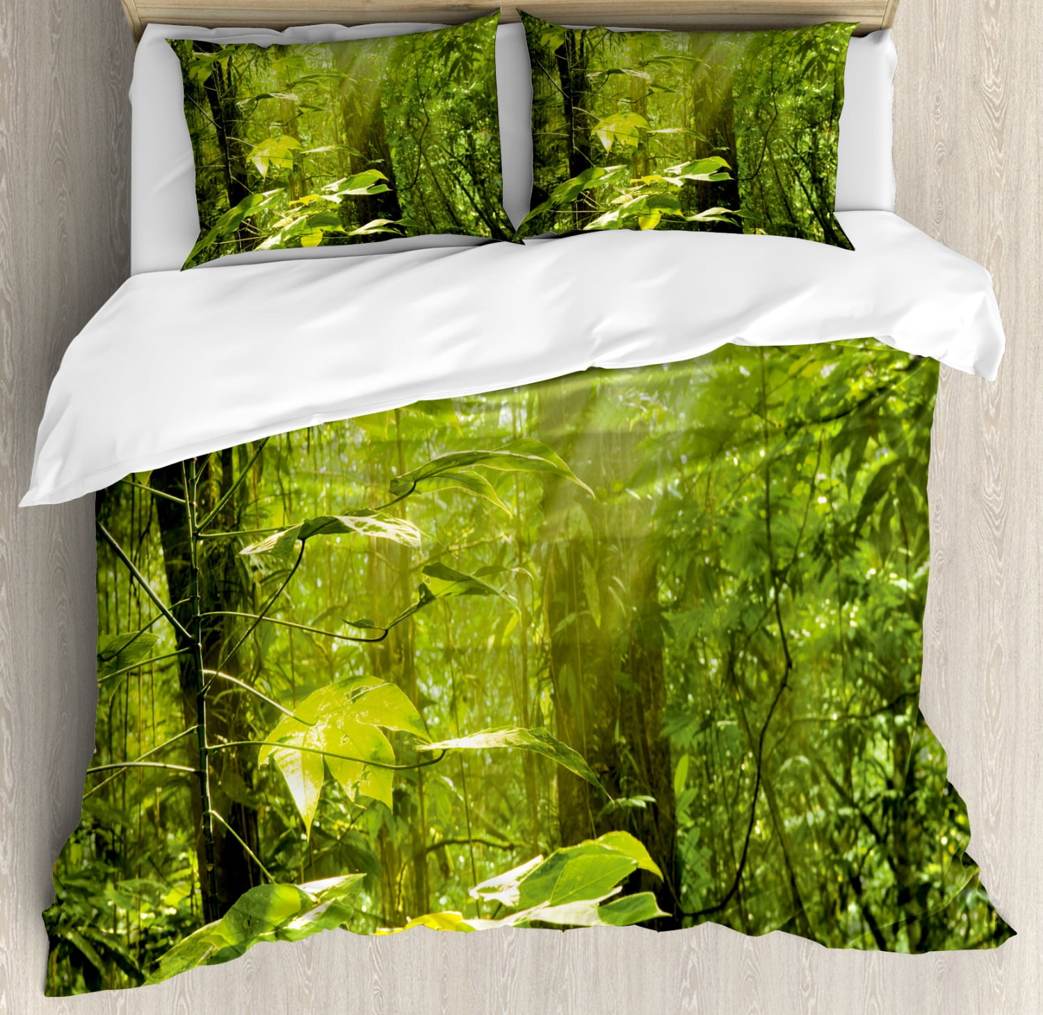 Nature Duvet Cover Set King Size, Forest with Sunray Foliage Leaf Branches Woodland Eco Jungle