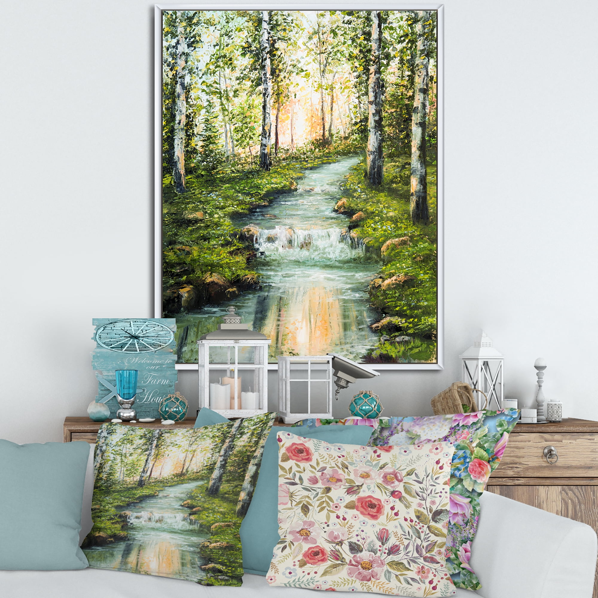 Designart 'River Through Green Birch Forest' Lake House Framed Canvas Wall Art Print