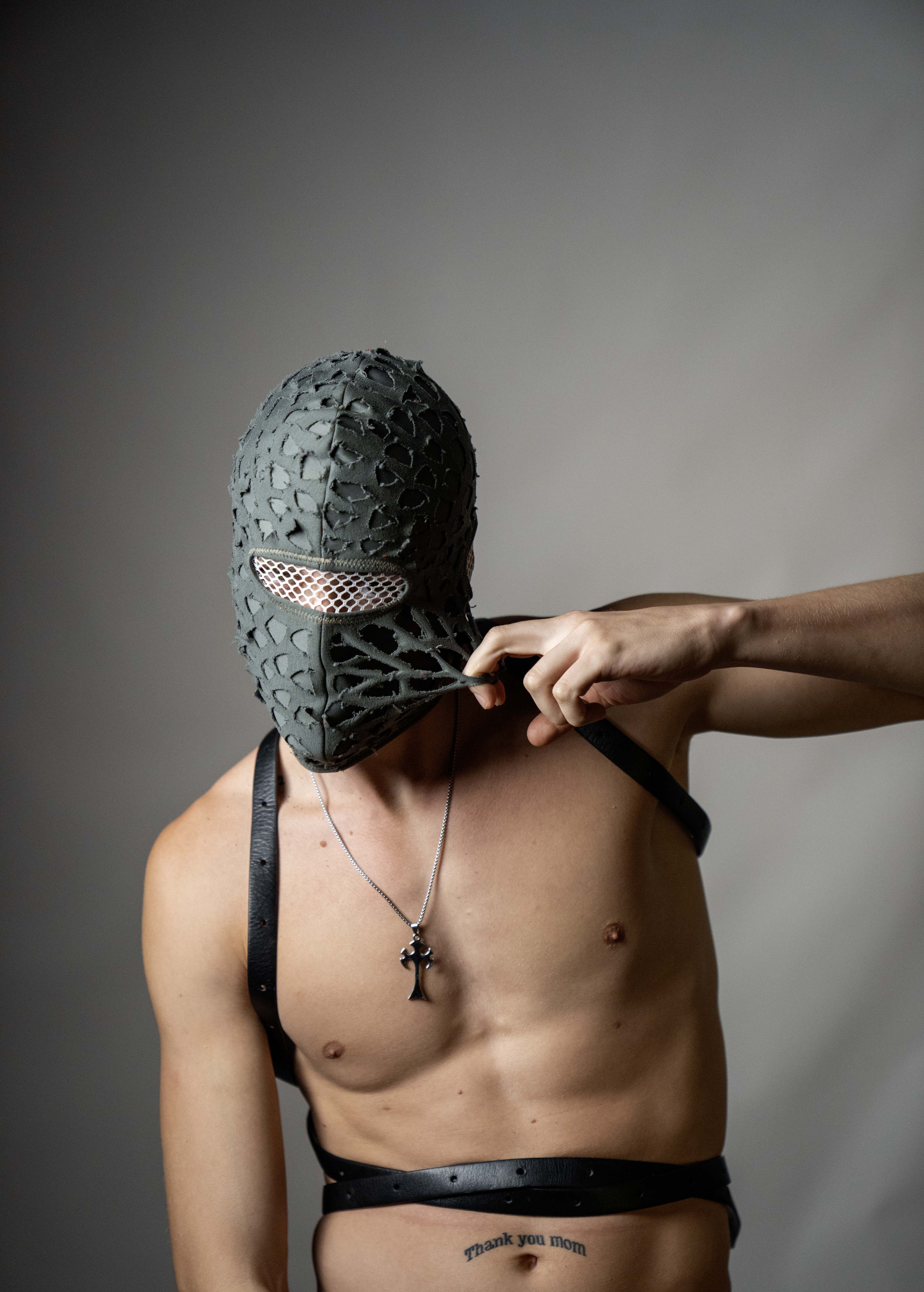 Handmade balaclava ski mask, torn and tattered, shabby tacky cotton ragged full face cover and protector Fragmented, unisex, all ages
