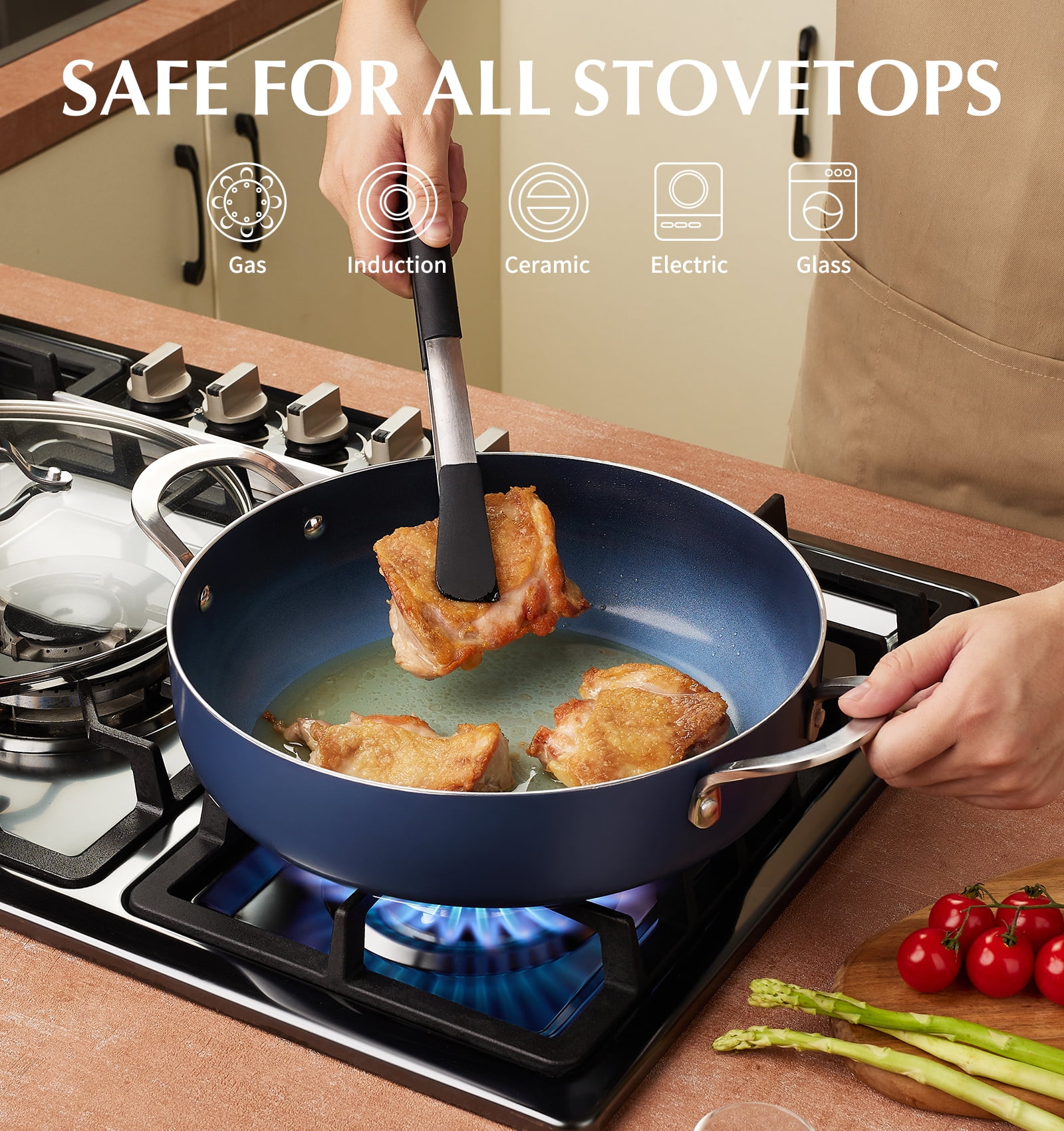 Koch Systeme CS 12 inch Saute Pan with Lid, 5.5-Quart Deep Frying Pan with Nonstick Ceramic Coating, Oven Safe, Induction Compatible, Gradient Blue