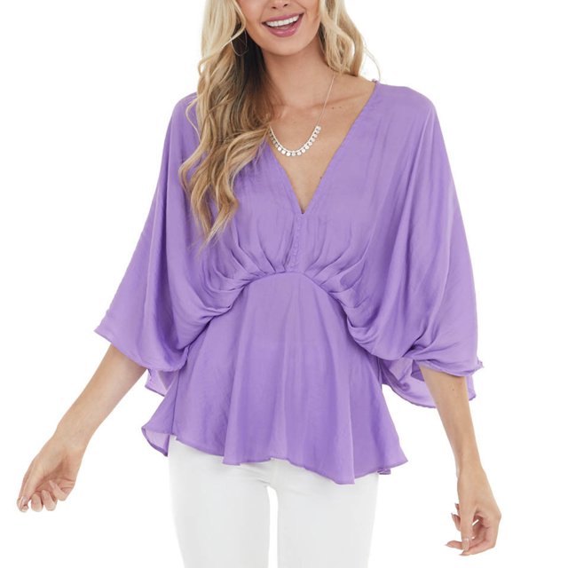 Tops de gasa con cuello en V, camisas con dobladillo con volantes y manga de murciélago de verano, blusa holgada para mujer, color morado XL