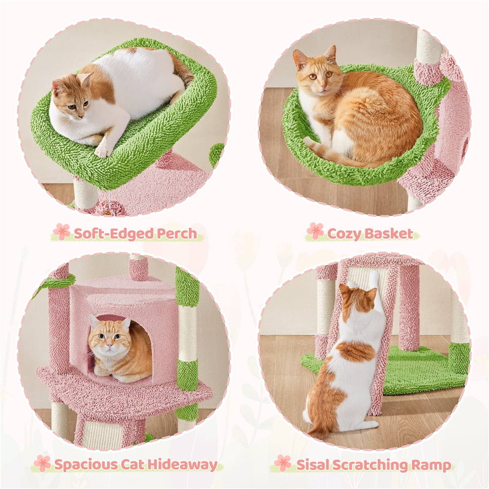 Yaheetech 42" Height Cactus Cat Tree with Scratching Posts, Basket & Ladder, Pink/Green
