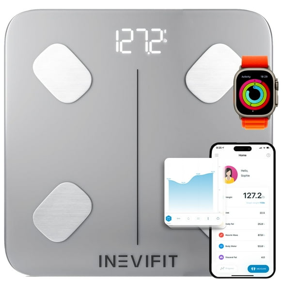 Báscula inteligente de grasa corporal INEVIFIT, analizador digital de composición corporal con Bluetooth de alta precisión para baño. Mide peso, grasa corporal, agua, músculo, grasa visceral y masa ós
