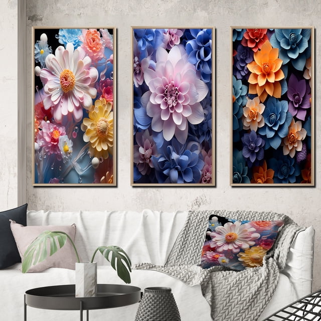 Designart "Pink Yellow modern Still Lifes" Abstract Framed Wall Art Set Of 3 - Pink Still Lifes Frame Canvas Set For Living Room Decor