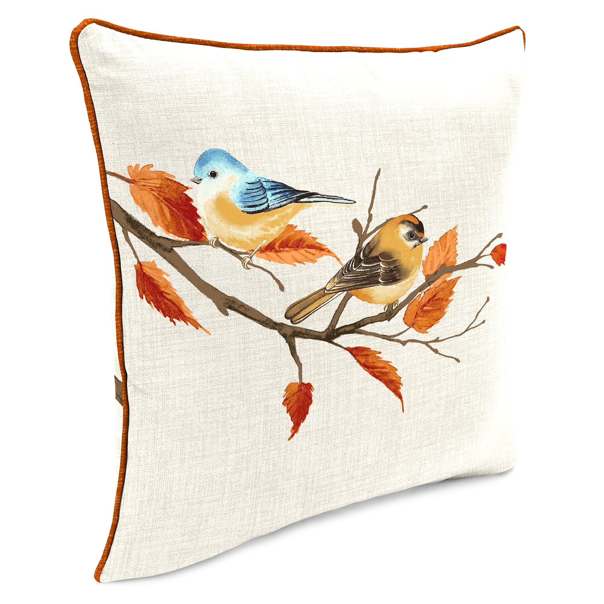 Jordan Manufacturing 16" x 16" Fall Branch Beige Bird and Celosia Ochre Yellow Crosshatch Reversible Square Outdoor Throw Pillow with Welt