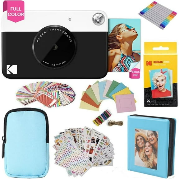 Kodak Printomatic Instant Print Camera Gift Bundle w/Blue Soft Case, 20-Pack Zink Photo Paper & More - Black