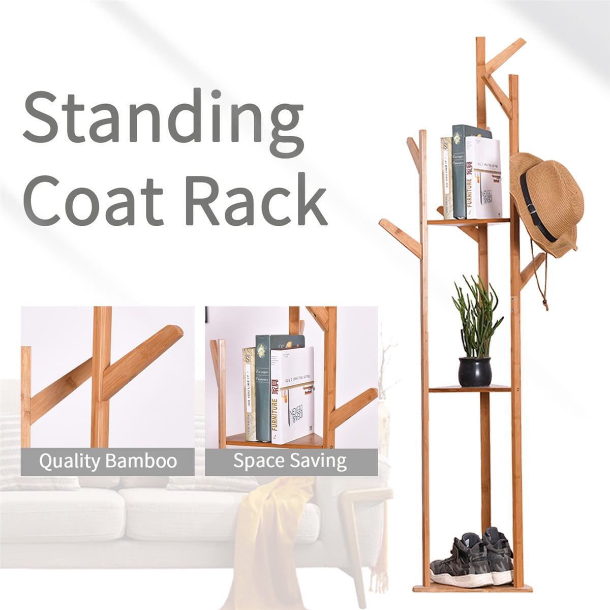 Free Standing Coat Rack, 8 Hooks Wooden Coat Hat Tree Coat ...