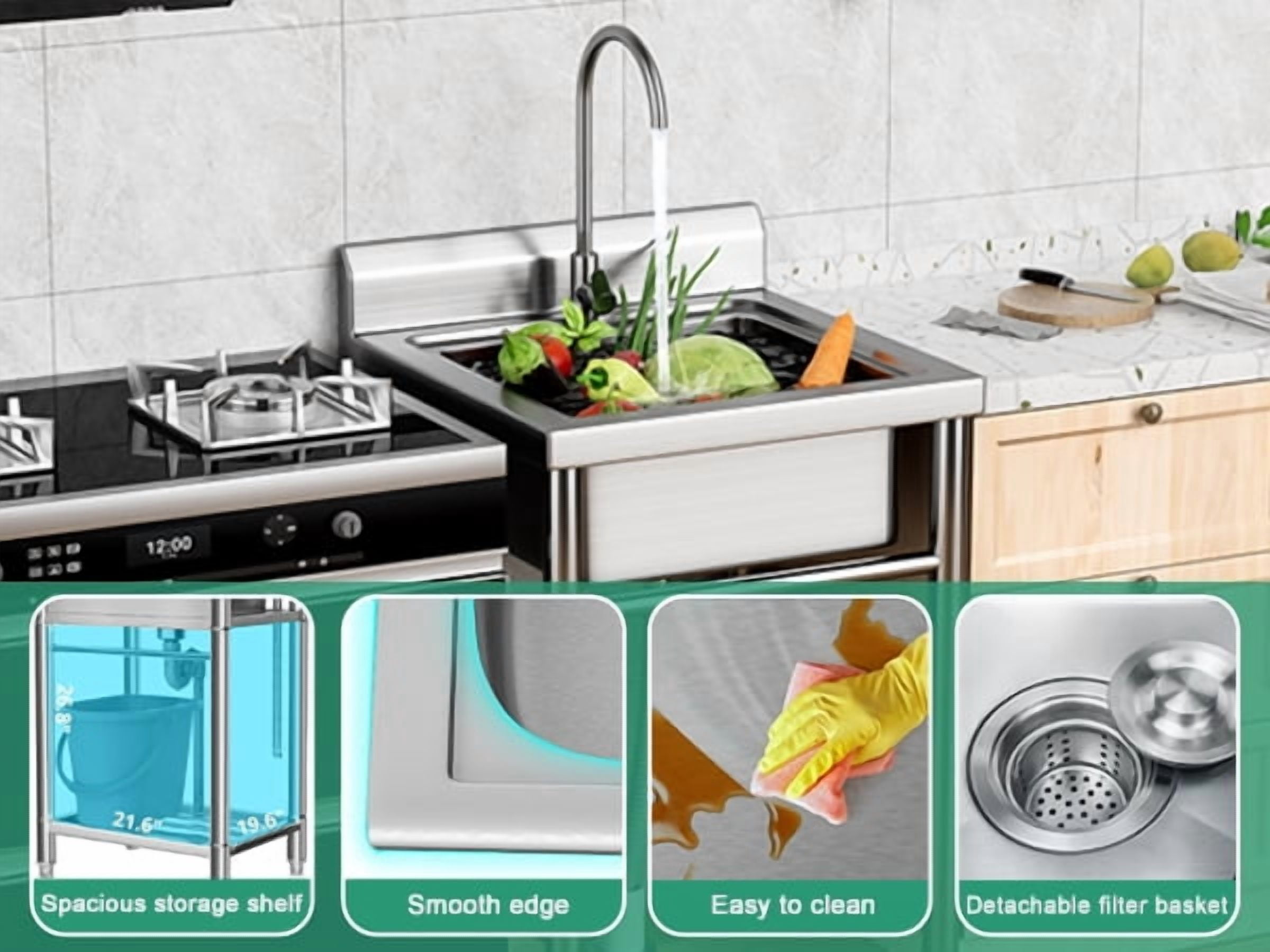 Mohsoe Laundry Sink 24 x 24 x 37 Inch, Freestanding Stainless Steel Utility Sink with High Waterproof Baffle 8.7 Inch, Detachable Filter Basket, for Kitchen Backyard Bar