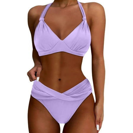 Womens Swimsuits Solid Color Lace Up Halter Push Up Bra And Panty Set Vintage Two Piece Tankini Swimsuits For Women Swimwears Holiday Wear Purple S