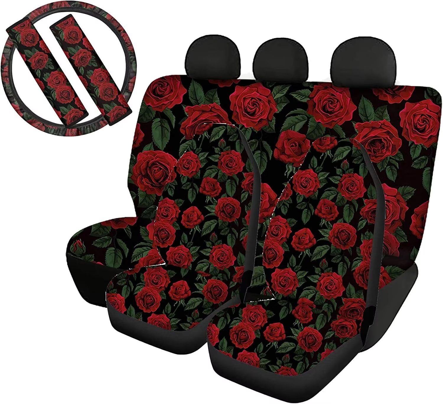 Pzuqiu Red Rose Car Seat Covers for Women Full Set with Steering Wheel