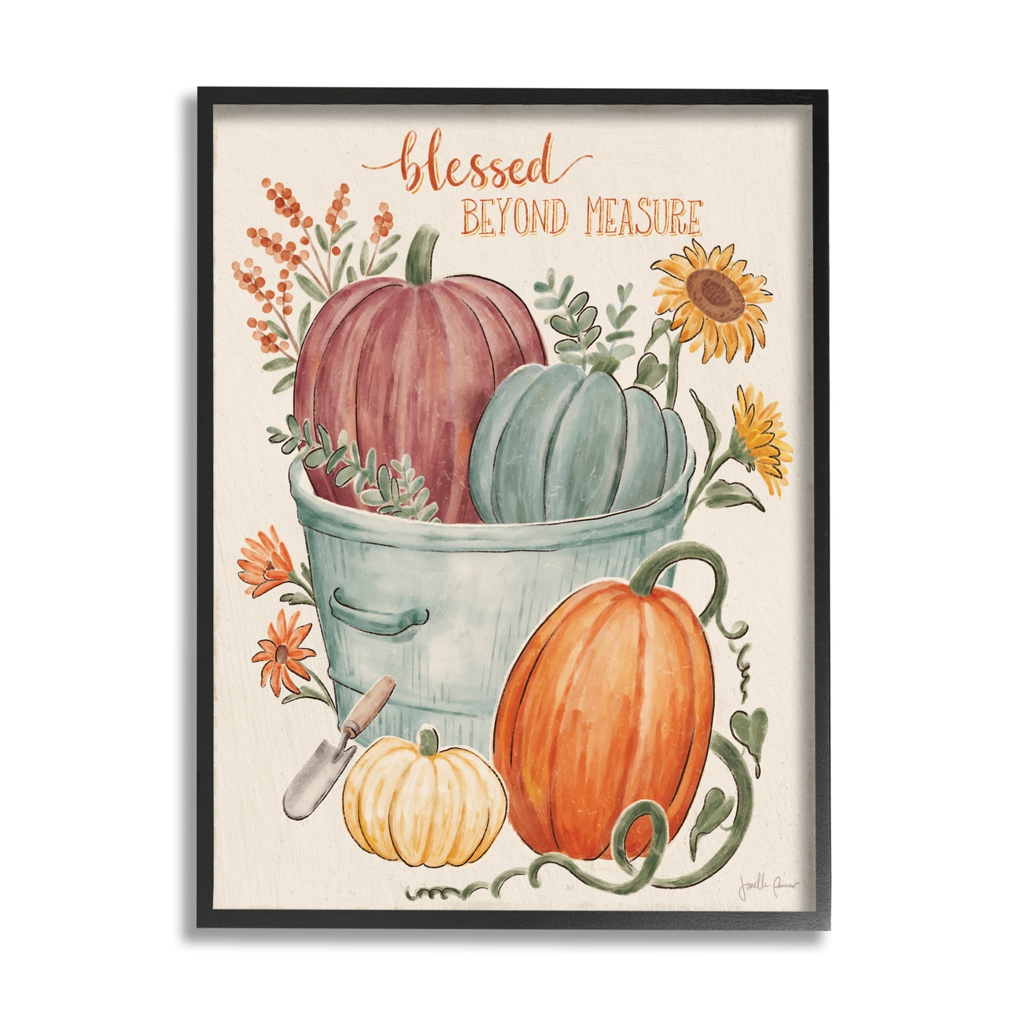 Stupell Industries Blessed Beyond Measure Phrase Autumn Pumpkin Tin Paintings Gray Framed Art Print Wall Art, 16x20, by Janelle Penner