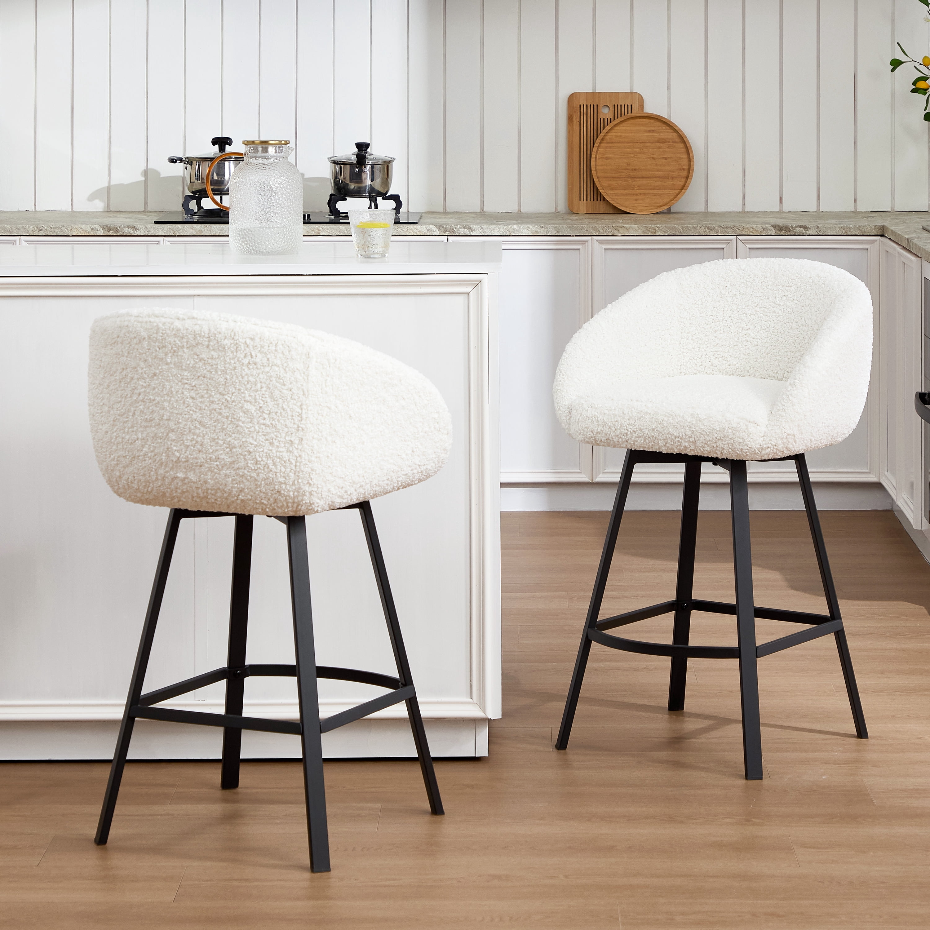 Zesthouse 26.4" Counter Height Swivel Bar Stools Set of 2, Sherpa Barrel Bar Stools with Backs, Modern Boucle Counter Stools for Pub Kitchen Island, White