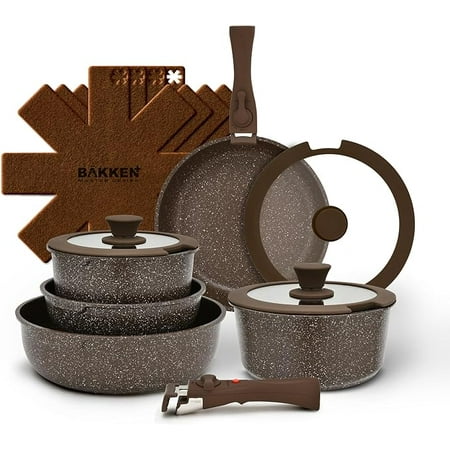 Pots & Pans Set Non Stick Ceramic-Granite – 14-Piece Cookware with Detachable Handles, Stackable Space-Saving, Dishwasher Safe, Oven & All-Stove Safe, Tempered Glass Lids, Brown