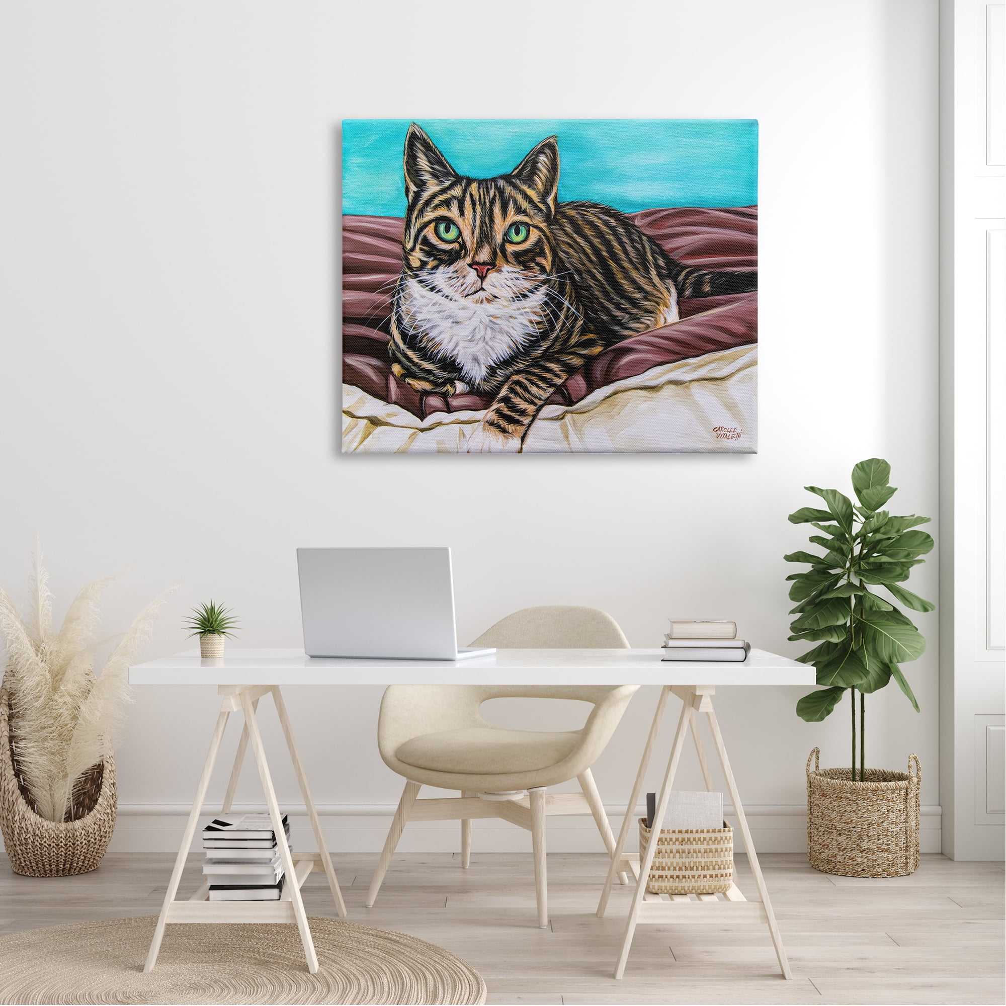 Stupell Industries Adorable Tabby Cat Green Eyes Cuddling Blanket Painting Modern Painting Gallery-Wrapped Canvas Print Wall Art, 48 x 36, Design by Carolee Vitaletti
