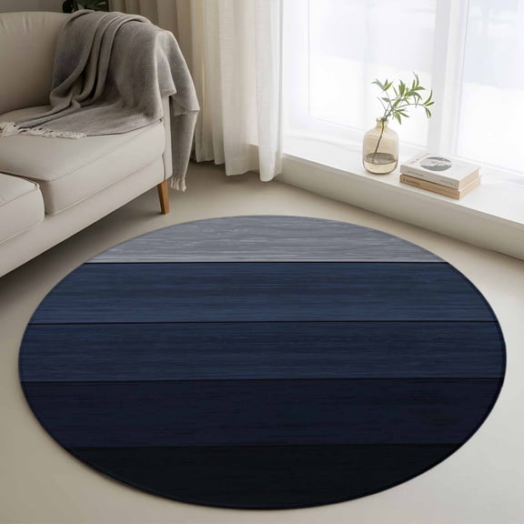 Round Area Rug 3 Ft, Blue Gray Washable Non-Slip Circle Carpet for Living Room/Bedroom, Farmhouse Vintage Gradient Abstract Art Low-Profile Small Floor Mats Collection Rugs for Indoor