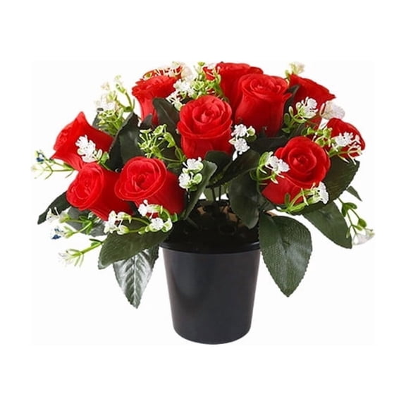 Small Artificial Flowers in Pots for Cemetery Home Centerpiece Arrangement Outdoor Decoration, Portable Red Silk Roses Baby's Breath Flowers with Pot, Pack of 1