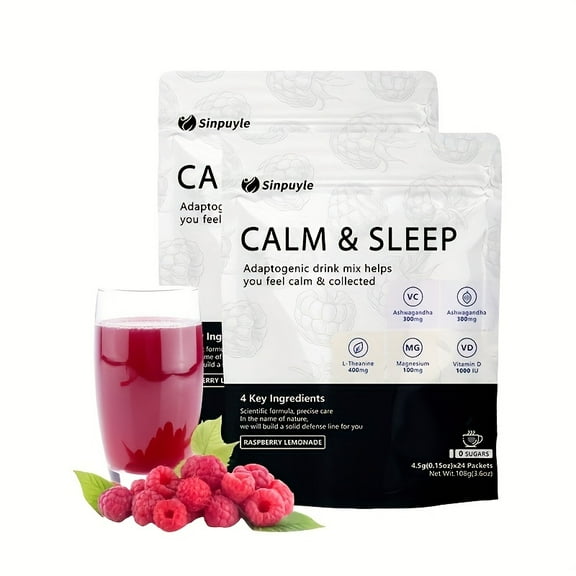 Calm & Sleep Adaptogenic Drink Mix - Raspberry Lemonade, 0 Sugars - L-Theanine, Ashwagandha & Magnesium for Relaxation & Rest, 24 Packets