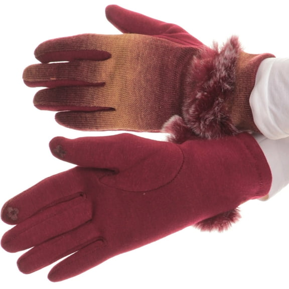 Sakkas Sophie Ombre Knitted Faux Fur Wrist Band Touch Screen Capable Gloves - Brown / White - S/M