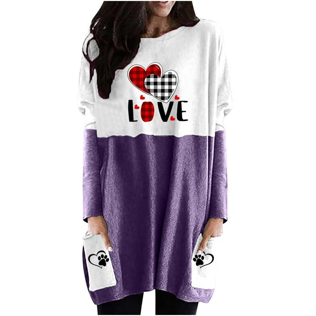 Womens Valentines Day Printed Long Sleeved Round Neck Printed Long Sleeved Pocket Top