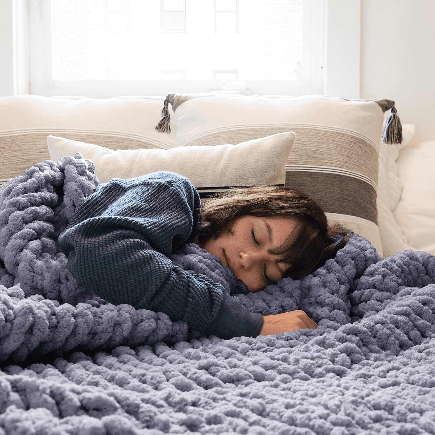 Comtest Chunky Knit Throw Blanket Chenille Gray 80 x80 King Size