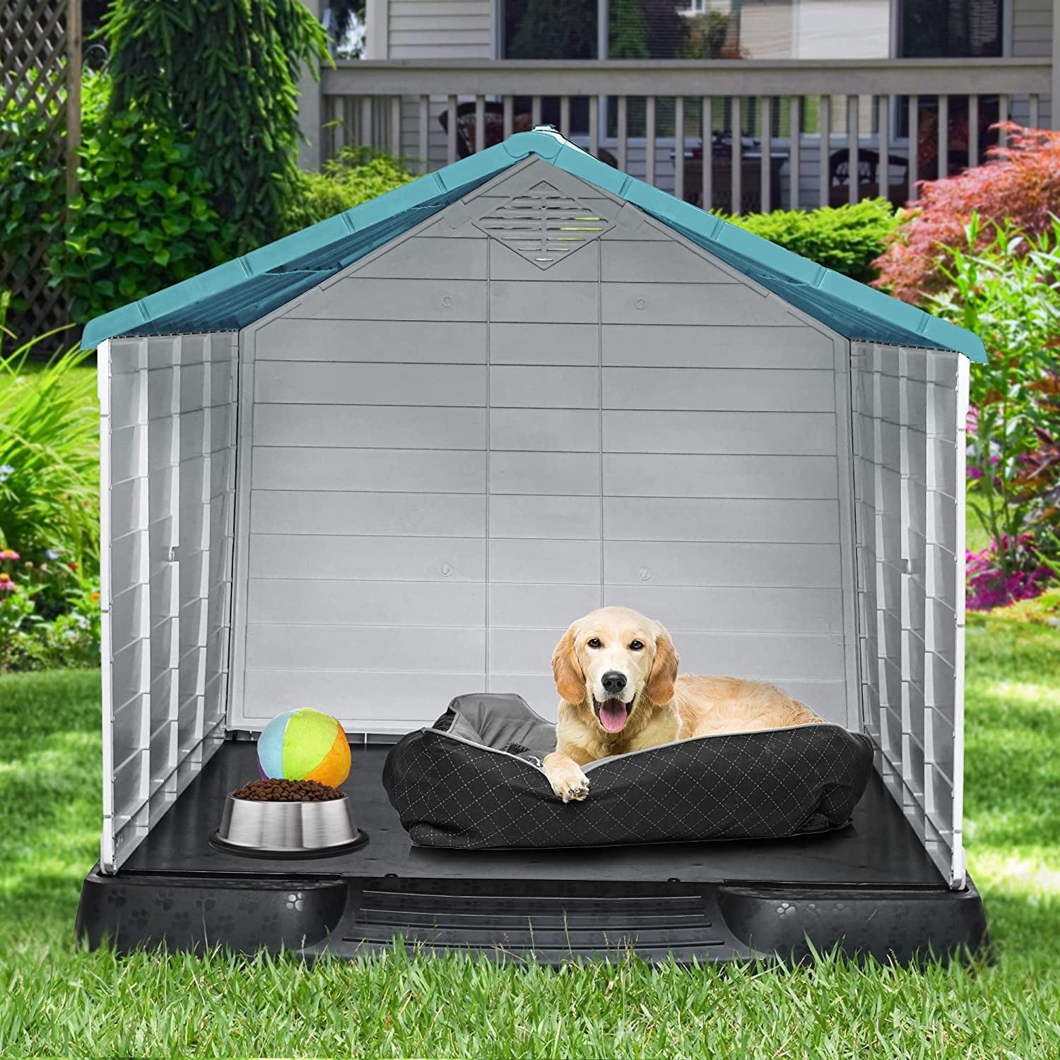 Dextrus Large Plastic Dog House Outdoor Indoor Dog Puppy Shelter Water Resistant with Air Vents and Elevated Floor (41''L*38''W*39''H, Blue)